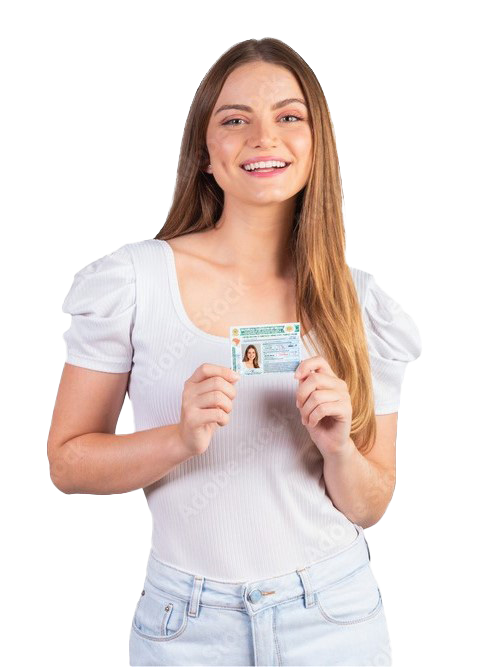 Smiling woman proudly displaying her driver's license, representing Road-Test.ca's car selection and driving school services across Canada.