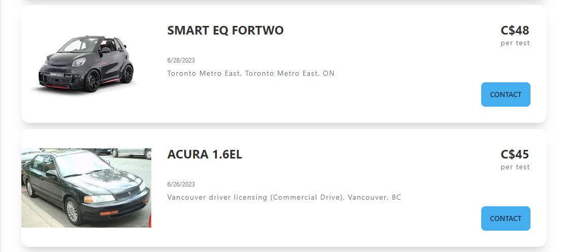 A screenshot displaying Road-Test.ca's user-friendly search interface with car offers, including prices and images, demonstrating the convenience of advanced search filters for finding the perfect car for your road test or booking lessons.