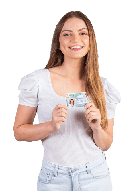 Smiling woman proudly displaying her driver's license, representing Road-Test.ca's car selection and driving school services across Canada.