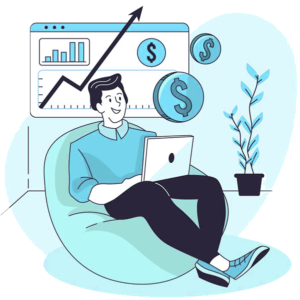 An illustrative graphic featuring a person with a notebook and rising charts symbolizing potential earnings and profits, highlighting the income opportunities for car owners, students, instructors, and driving schools on Road-Test.ca.